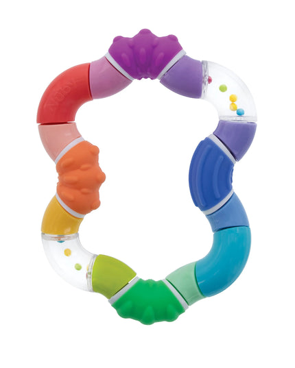 Colorful baby teething ring with multiple colors on a white background