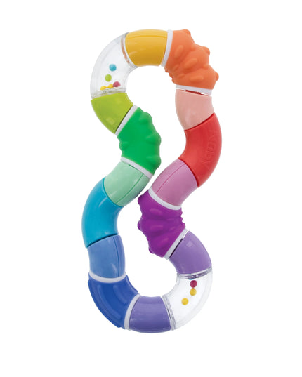 Colorful baby teething ring on a white background