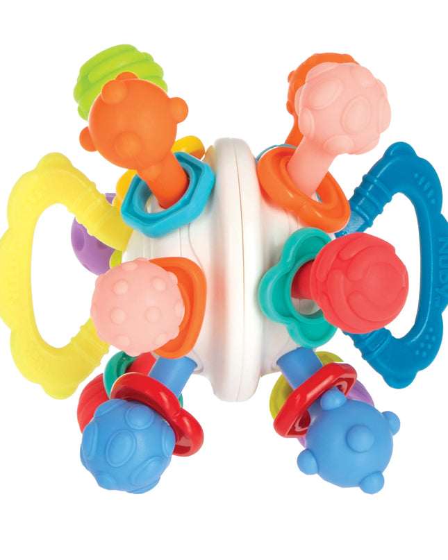 Colorful baby teething ring with multiple textures on a white background