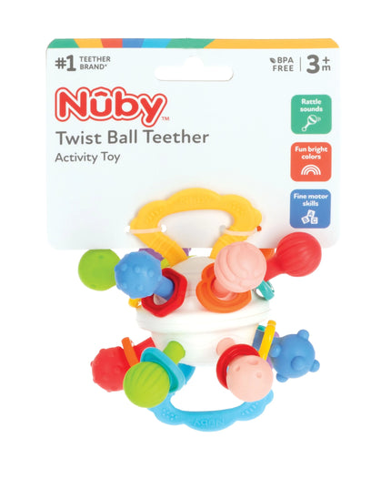 Nuby Twist Ball Teether activity toy packaging on a white background