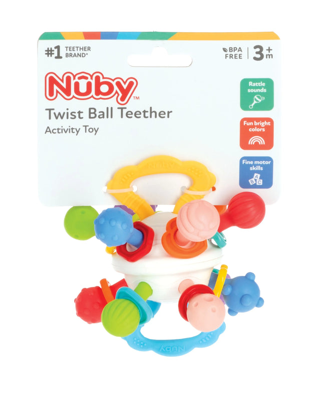 Nuby Twist Ball Teether activity toy packaging on a white background