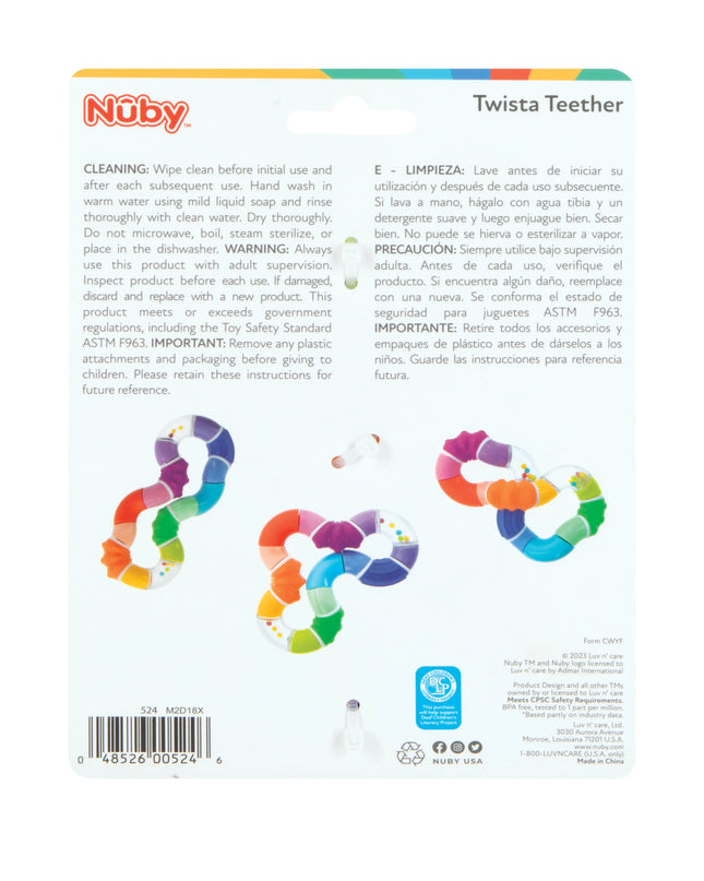 Nuby Twista Teether packaging with colorful teething rings on a white background