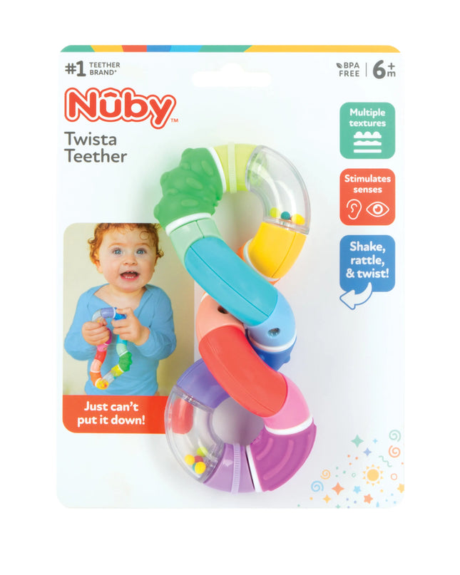 Nuby Twista Teether packaging with a baby holding the teether on a white background