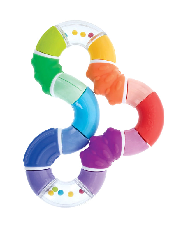 Colorful baby teething ring with rainbow pattern on a white background
