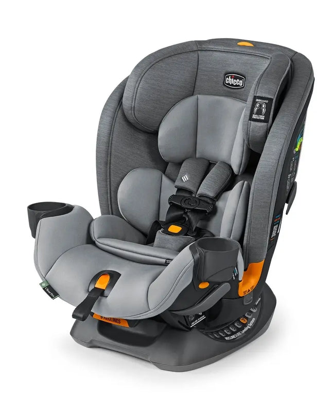 Gray car seat with cup holders on a white background