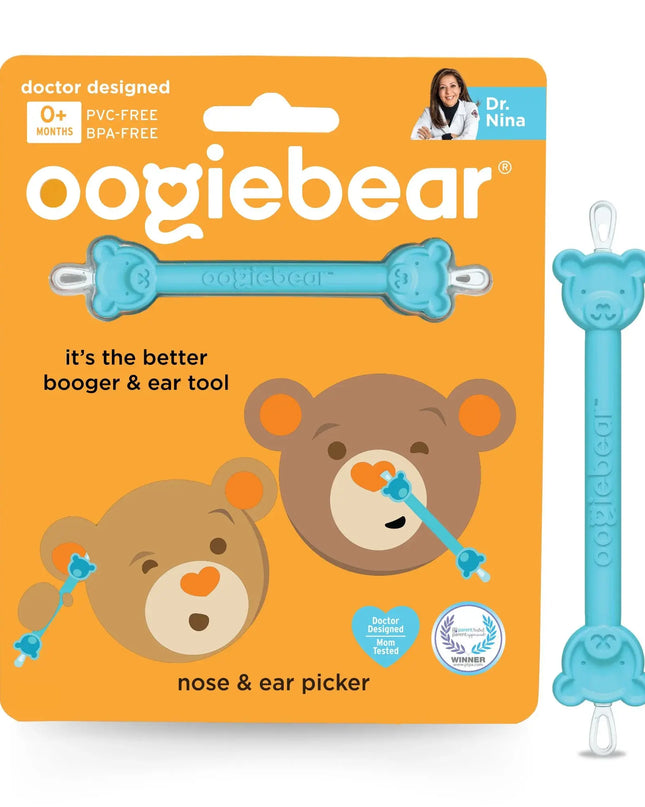 Oogiebear nose and ear picker packaging with cartoon bear faces on an orange background