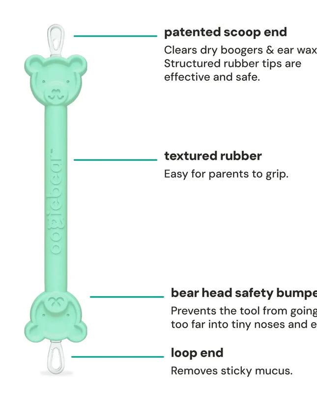Mint green ear cleaning tool with text describing its features on a white background