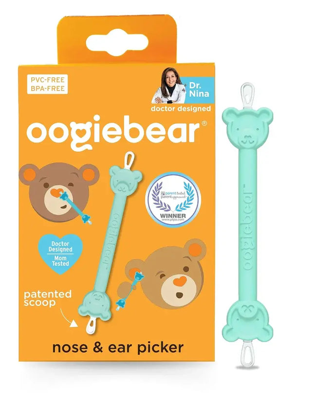 Oogiebear nose and ear picker packaging with a teal picker on an orange background