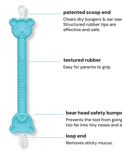 Blue ear cleaning tool with features highlighted on a white background