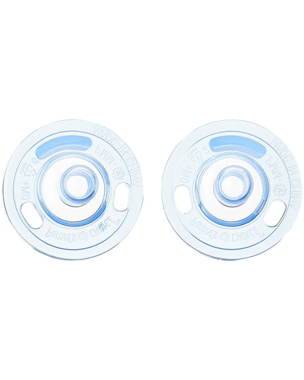 Two clear silicone pacifier attachments with blue accents on a white background