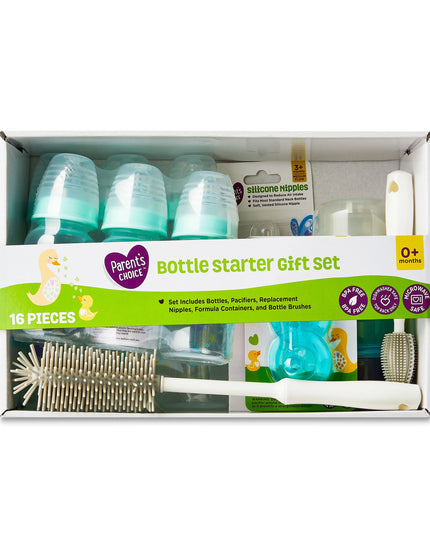 Bottle starter gift set with bottles, nipples, and cleaning tools in a box, featuring the Parent's Choice brand.