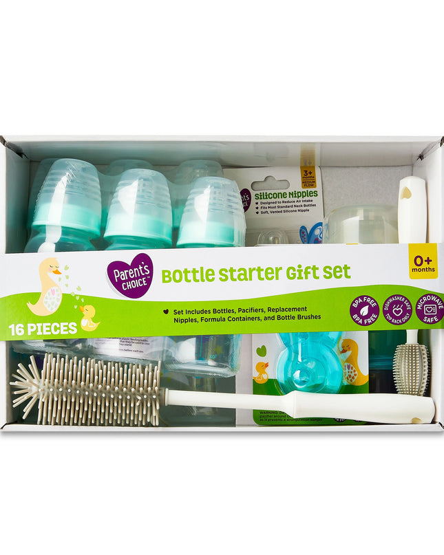 Bottle starter gift set with bottles, nipples, and cleaning tools in a box, featuring the Parent's Choice brand.