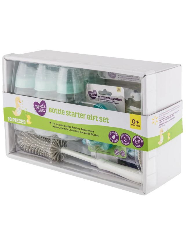Bottle starter gift set packaging with baby bottles and accessories on a white background