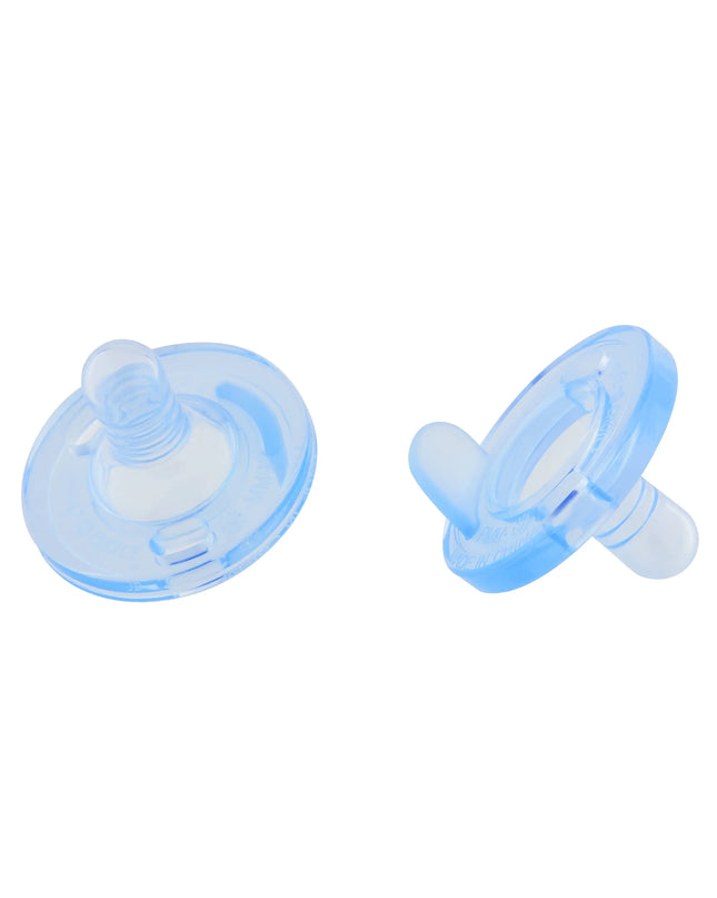 Two blue baby pacifiers on a white background