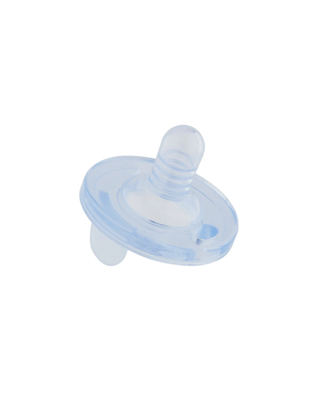 Blue baby pacifier on a white background