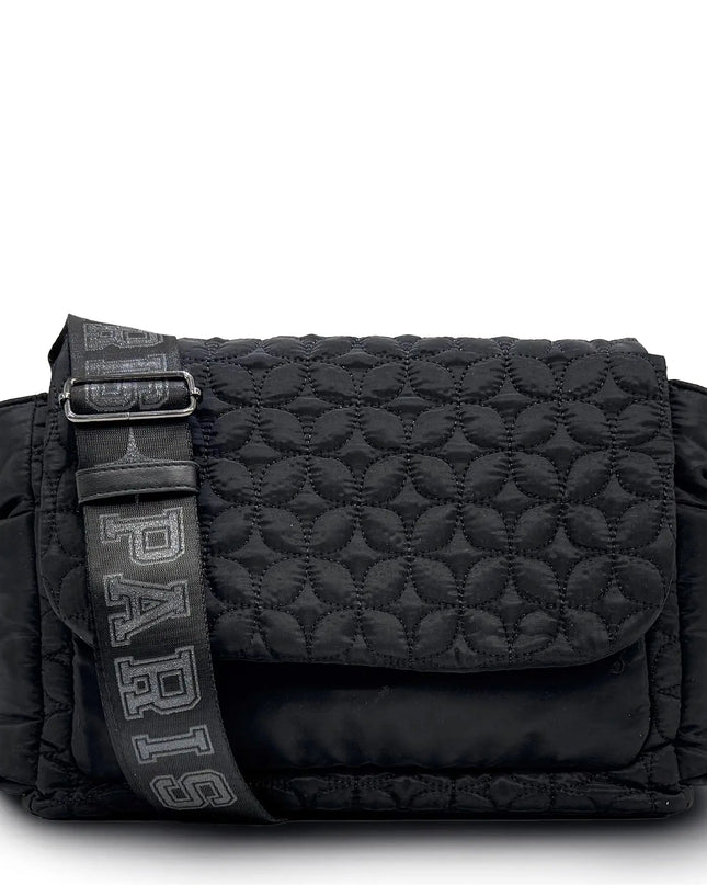 Black quilted bag with a strap on a white background