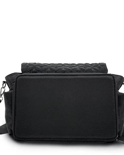 Black quilted handbag with a textured top section on a white background