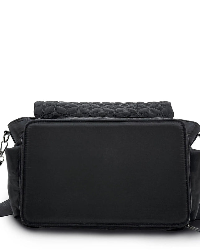 Black quilted handbag with a textured top section on a white background