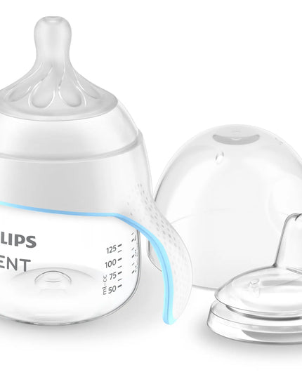 Philips Avent baby bottle with a clear cap on a white background