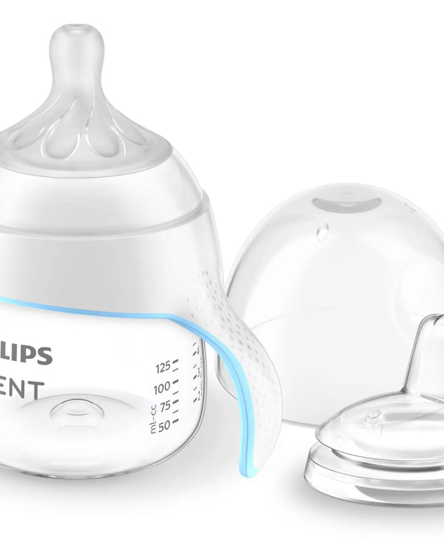 Philips Avent baby bottle with a clear cap on a white background