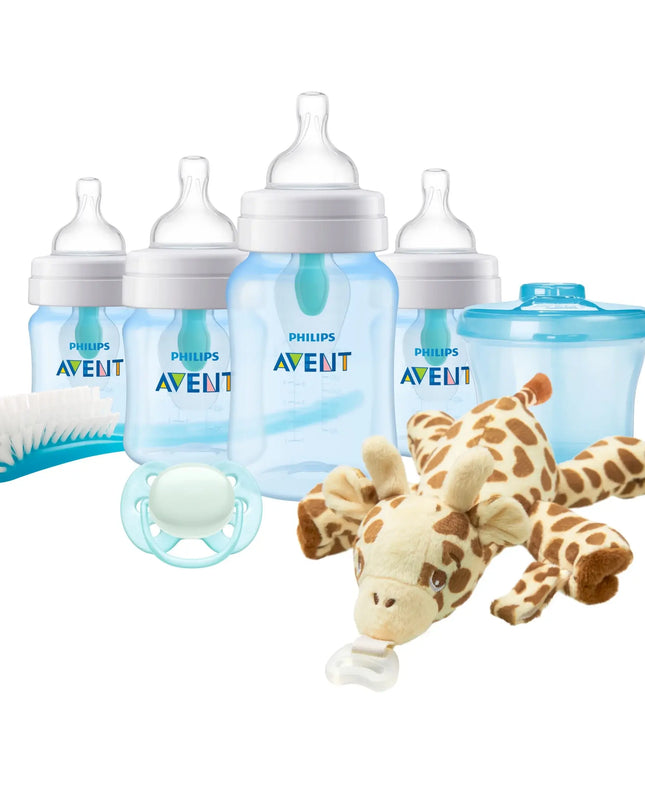 Philips Avent baby bottles, teether, pacifier, and plush giraffe on a white background