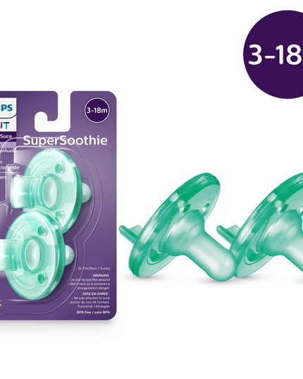 Philips Avent SuperSoothie pacifiers with packaging on a white background