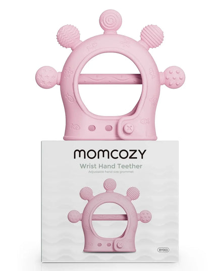 Pink wrist hand teether with packaging on a white background