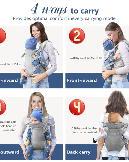 Baby carrier with instructions on four carrying methods.