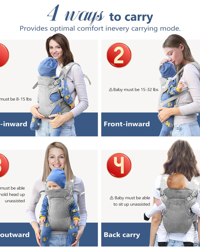 Baby carrier with instructions on four carrying methods.