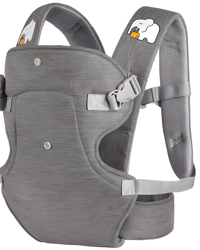 Gray baby carrier with brand logo on a white background