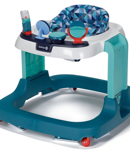 Baby activity center with blue and white design on a white background