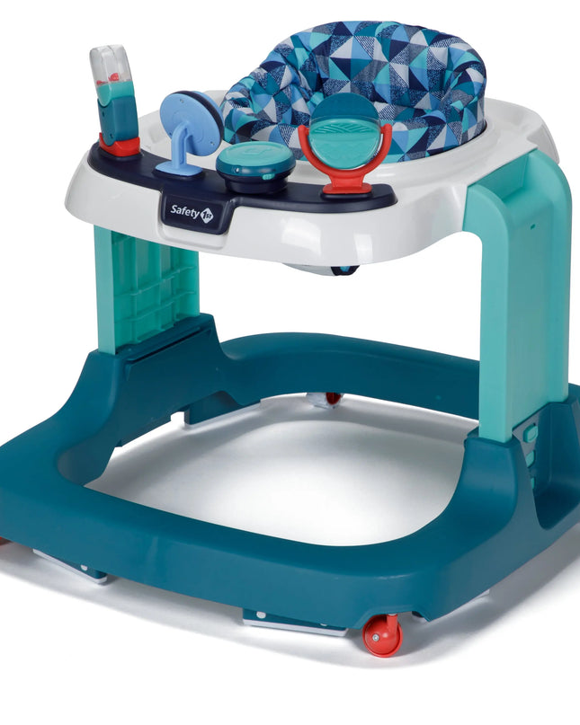 Baby activity center with blue and white design on a white background