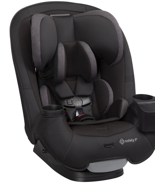 Black car seat with cup holders on a white background
