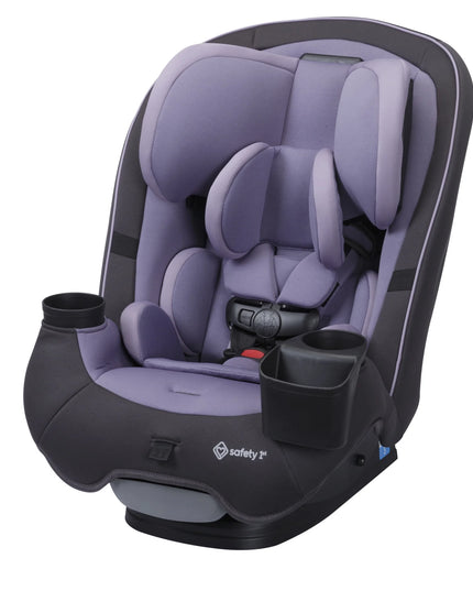 Purple and black car seat with cup holders on a white background