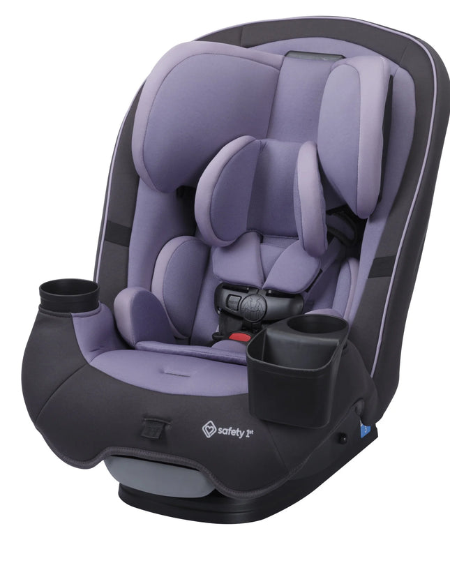 Purple and black car seat with cup holders on a white background