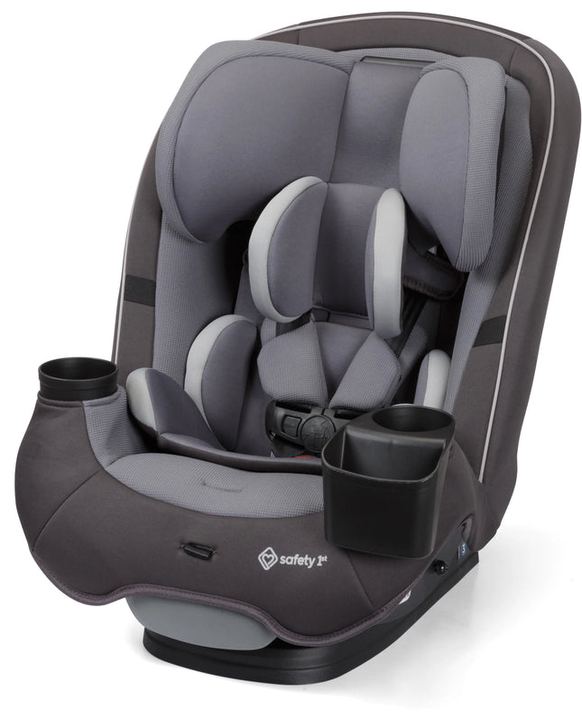 Gray car seat with cup holders on a white background
