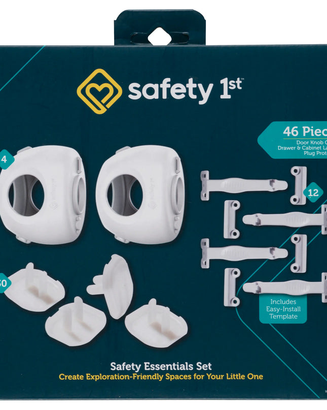 Safety 1st safety essentials set packaging with various child safety products on a blue background.
