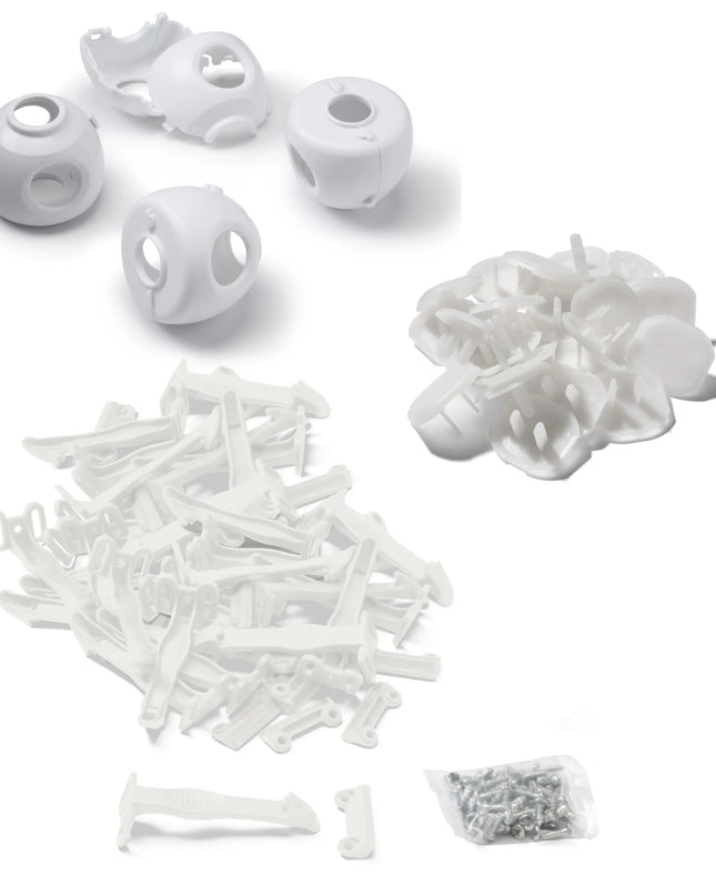 Assorted white plastic parts on a white background