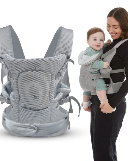 Baby carrier with a baby and a woman holding the baby on a white background
