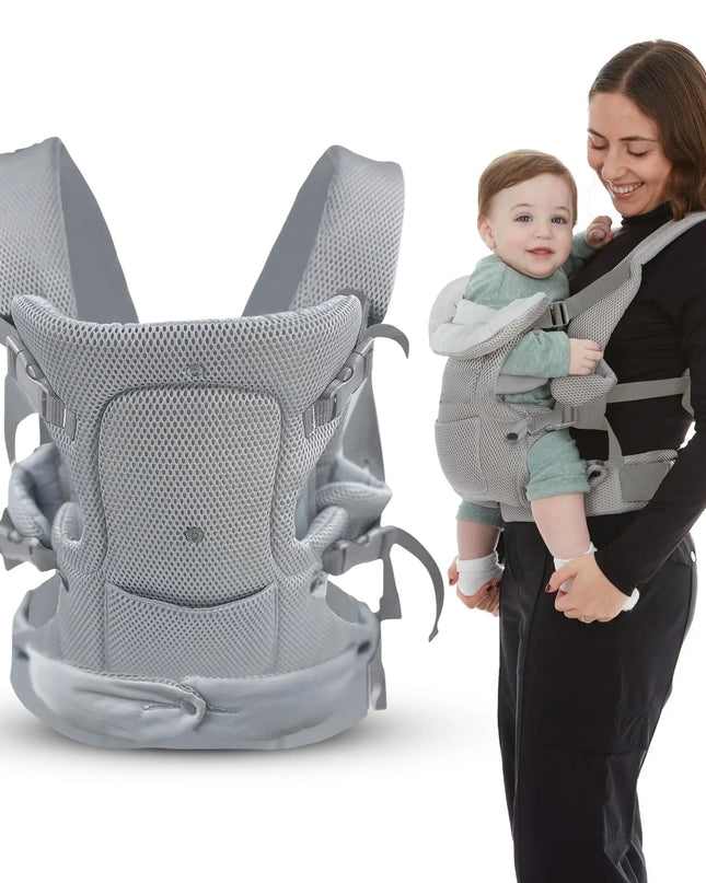 Baby carrier with a baby and a woman holding the baby on a white background