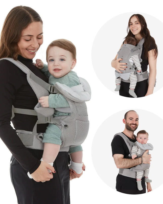 Woman using a baby carrier with a baby, with inset images of the carrier on different people.