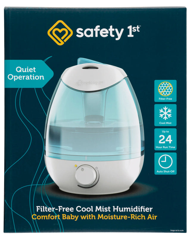 Safety 1st humidifier packaging with product image and features on a blue background