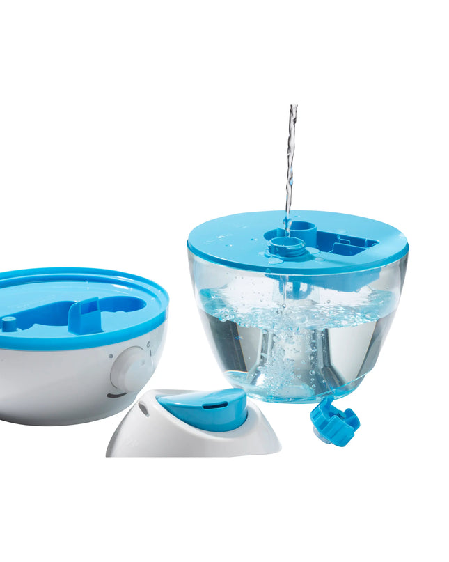 Blue and white pet water dispenser on a white background