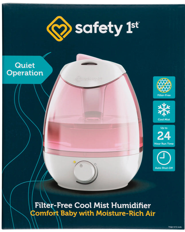 Safety 1st humidifier packaging with pink and white design on a dark blue background