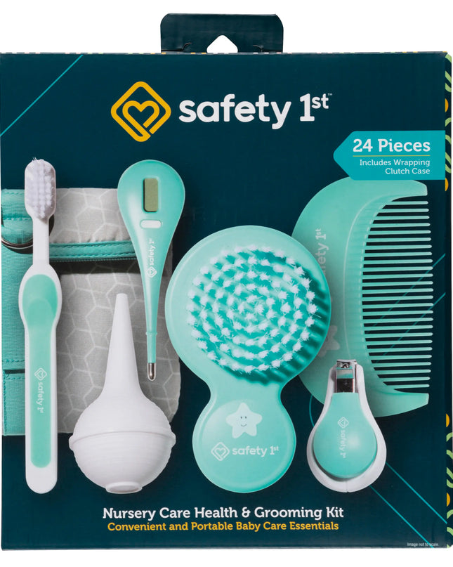 Safety 1st nursery care health and grooming kit packaging with teal and white baby care items.