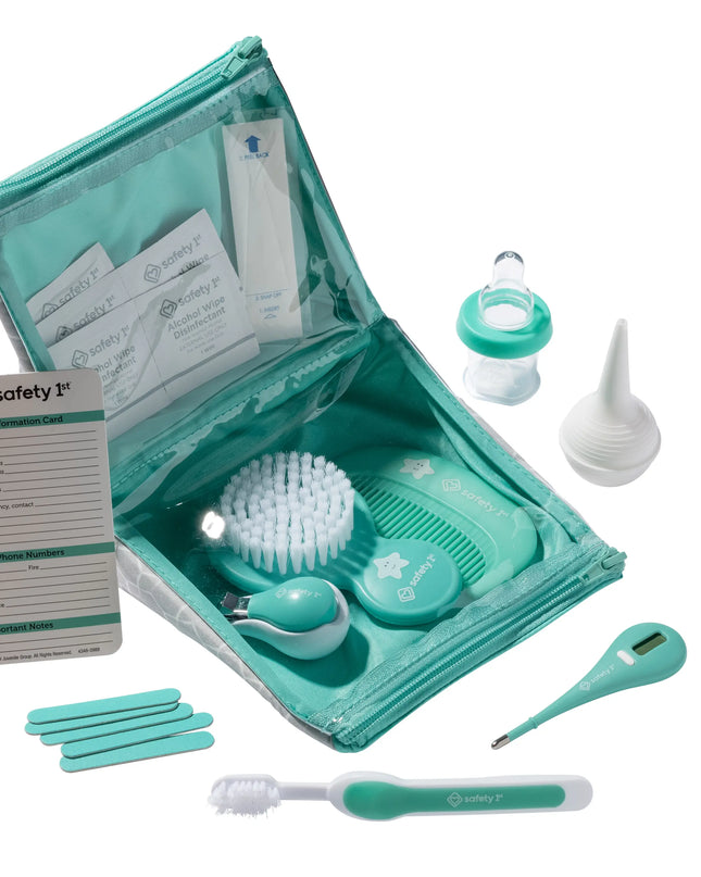 Collection of baby care items including a teal carrying case, thermometer, brush, and other tools on a white background.