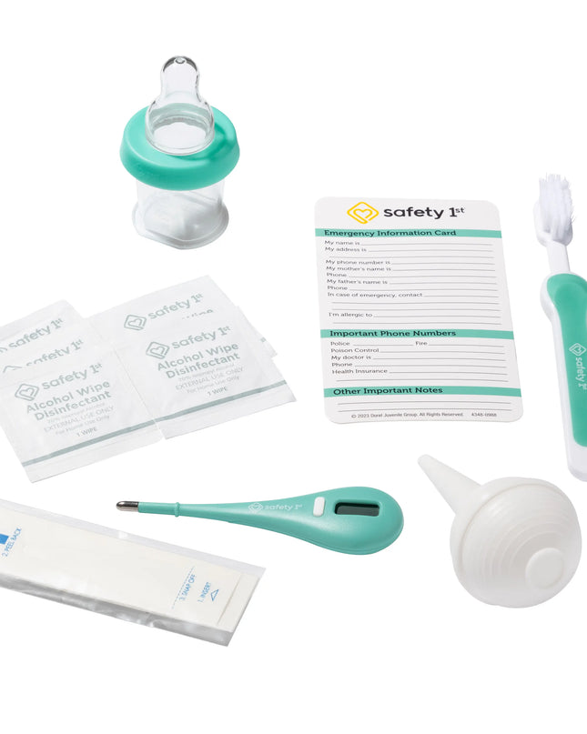Collection of baby care items including a bottle, thermometer, and other tools on a white background.