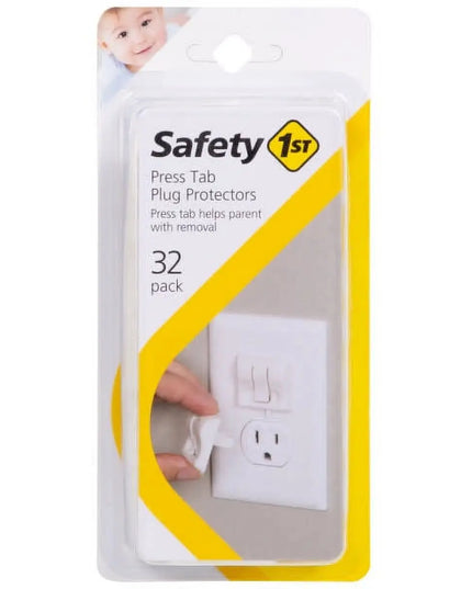 Packaging of Safety 1st press tab plug protectors with a yellow and white design.