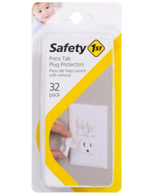 Packaging of Safety 1st press tab plug protectors with a yellow and white design.