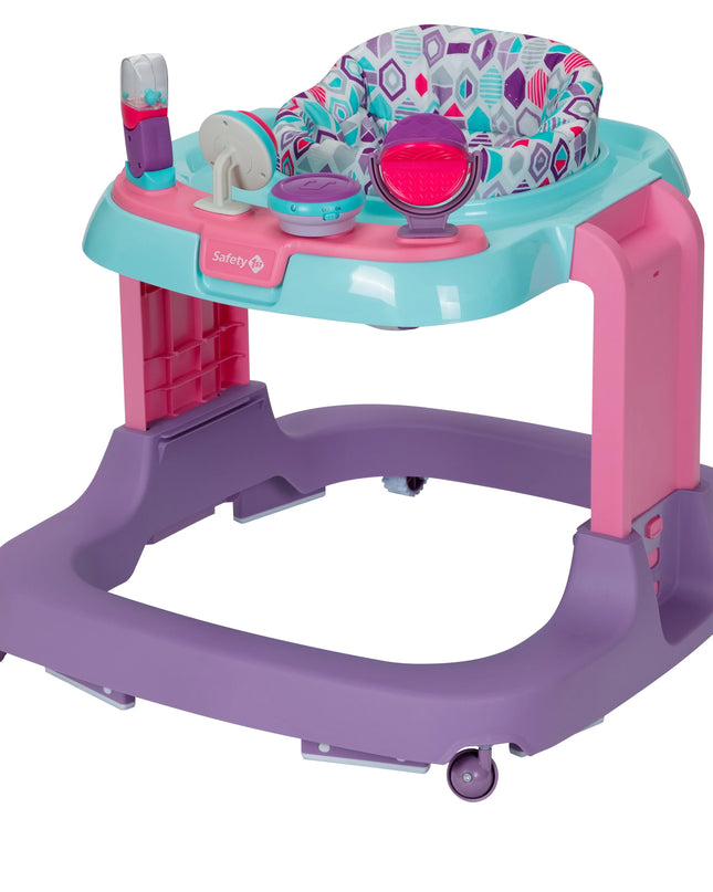 Baby walker with pink and purple design on a white background
